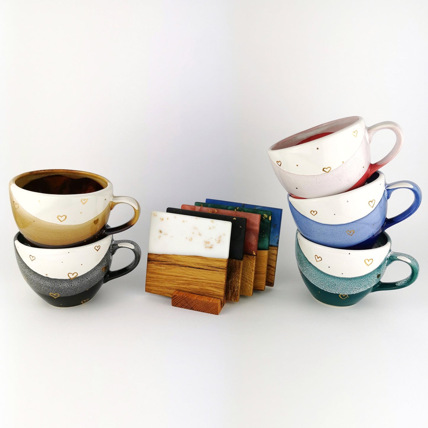 Gold Hearts Cups With Coasters - Ceramic Connoisseur