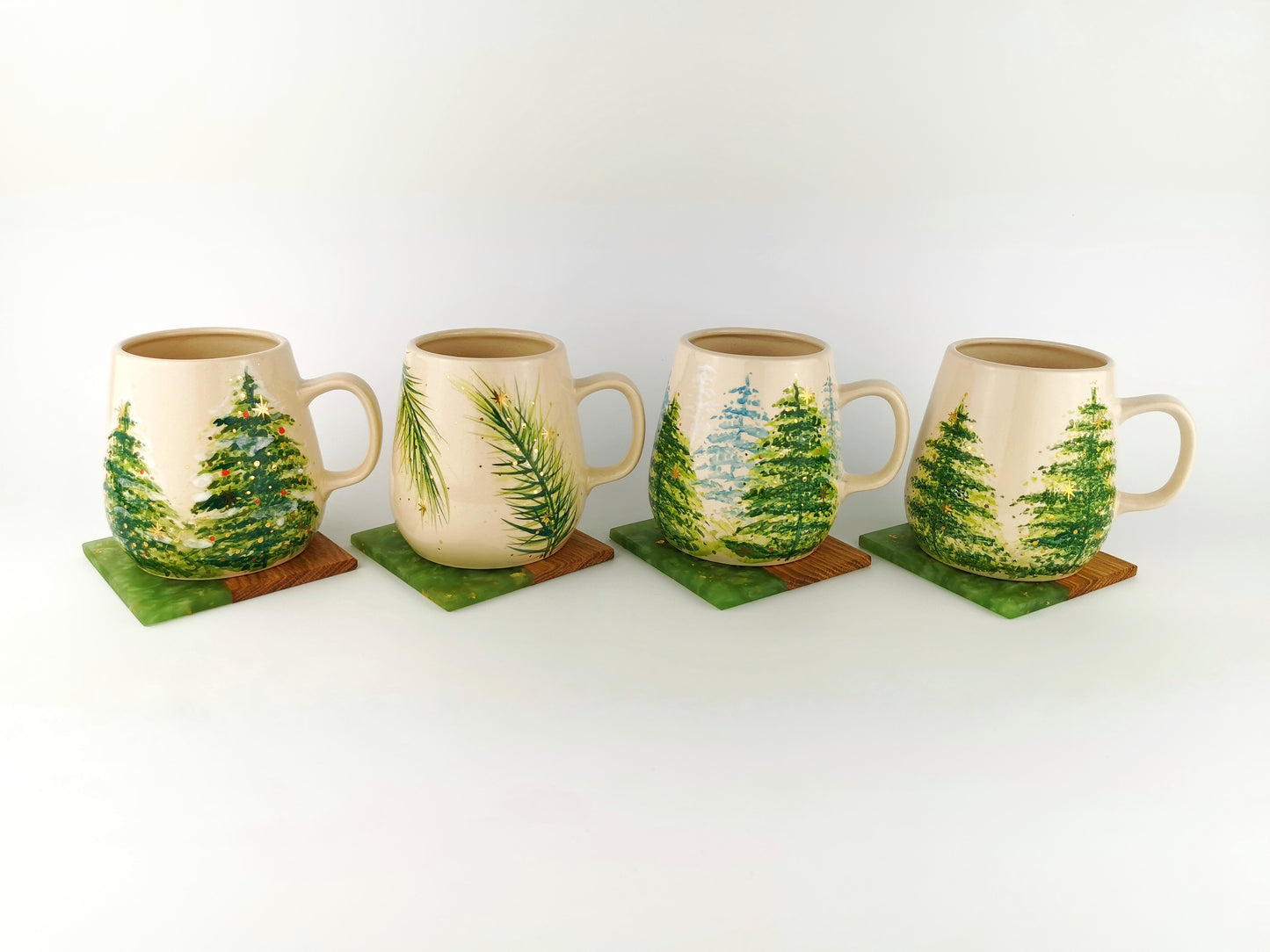 Gold Christmas Trees Mugs With Coasters - Ceramic Connoisseur