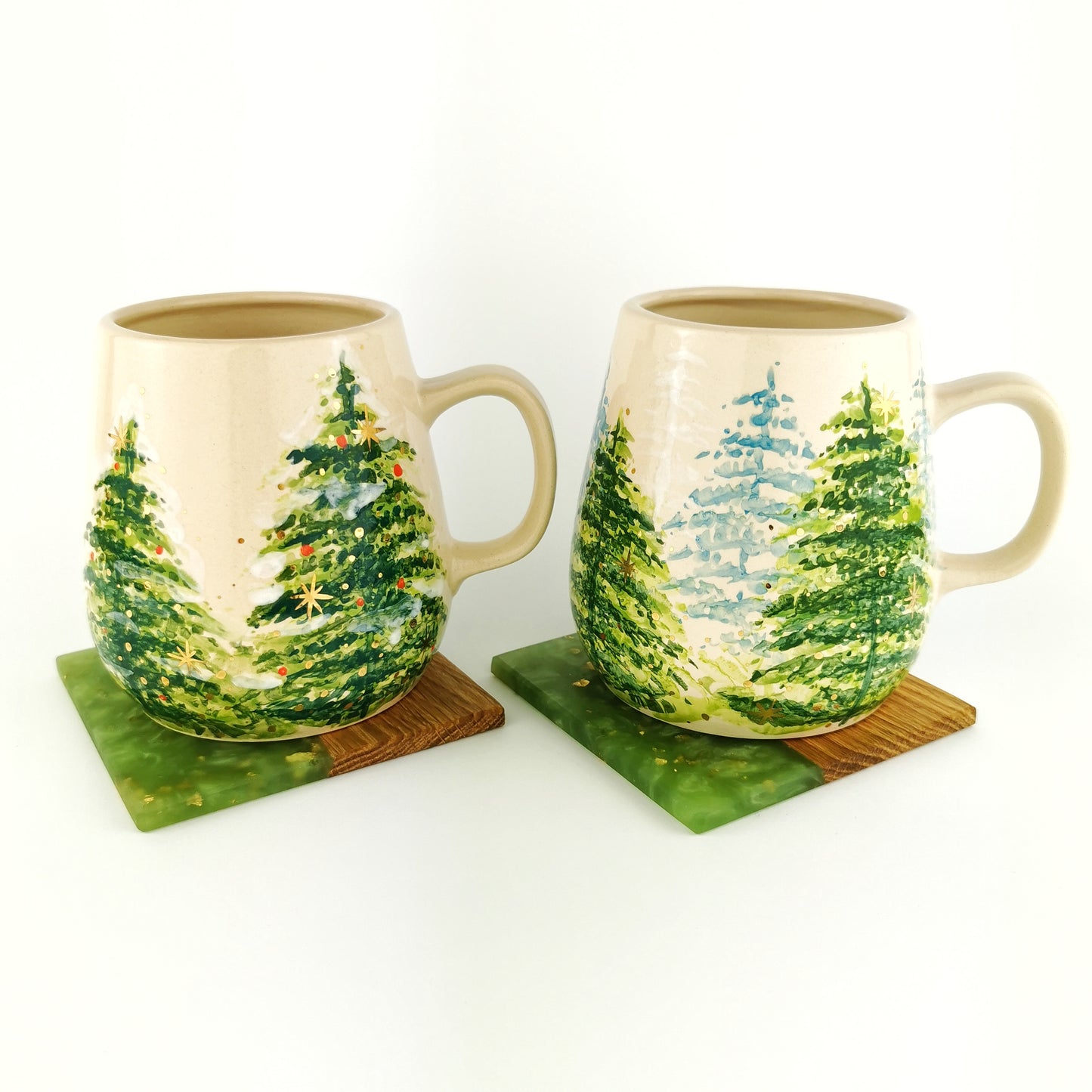 Gold Christmas Trees Mugs With Coasters - Ceramic Connoisseur
