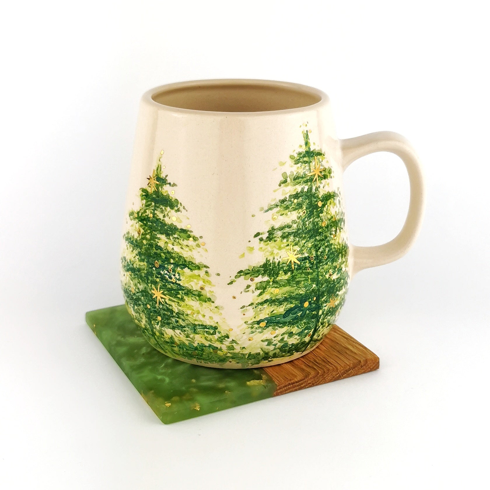 Gold Christmas Trees Mugs With Coasters - Ceramic Connoisseur