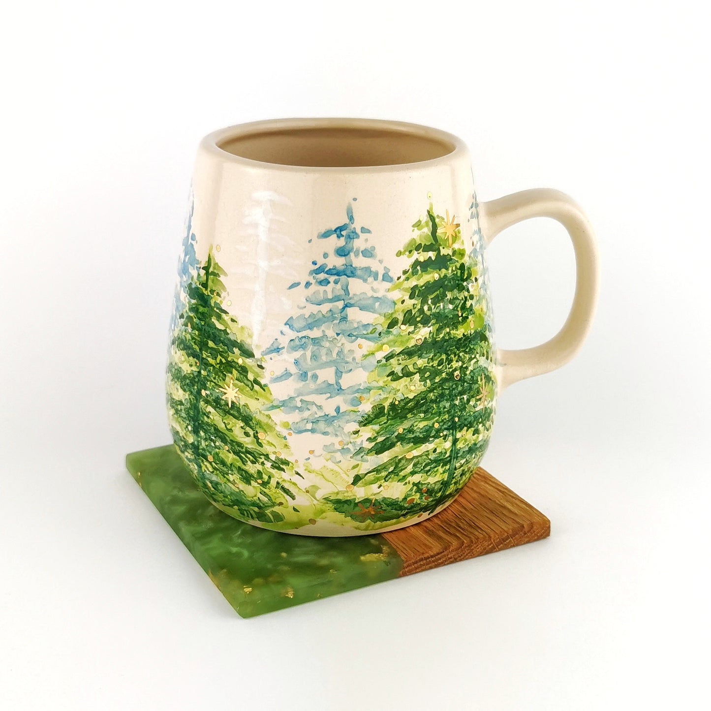 Gold Christmas Trees Mugs With Coasters - Ceramic Connoisseur