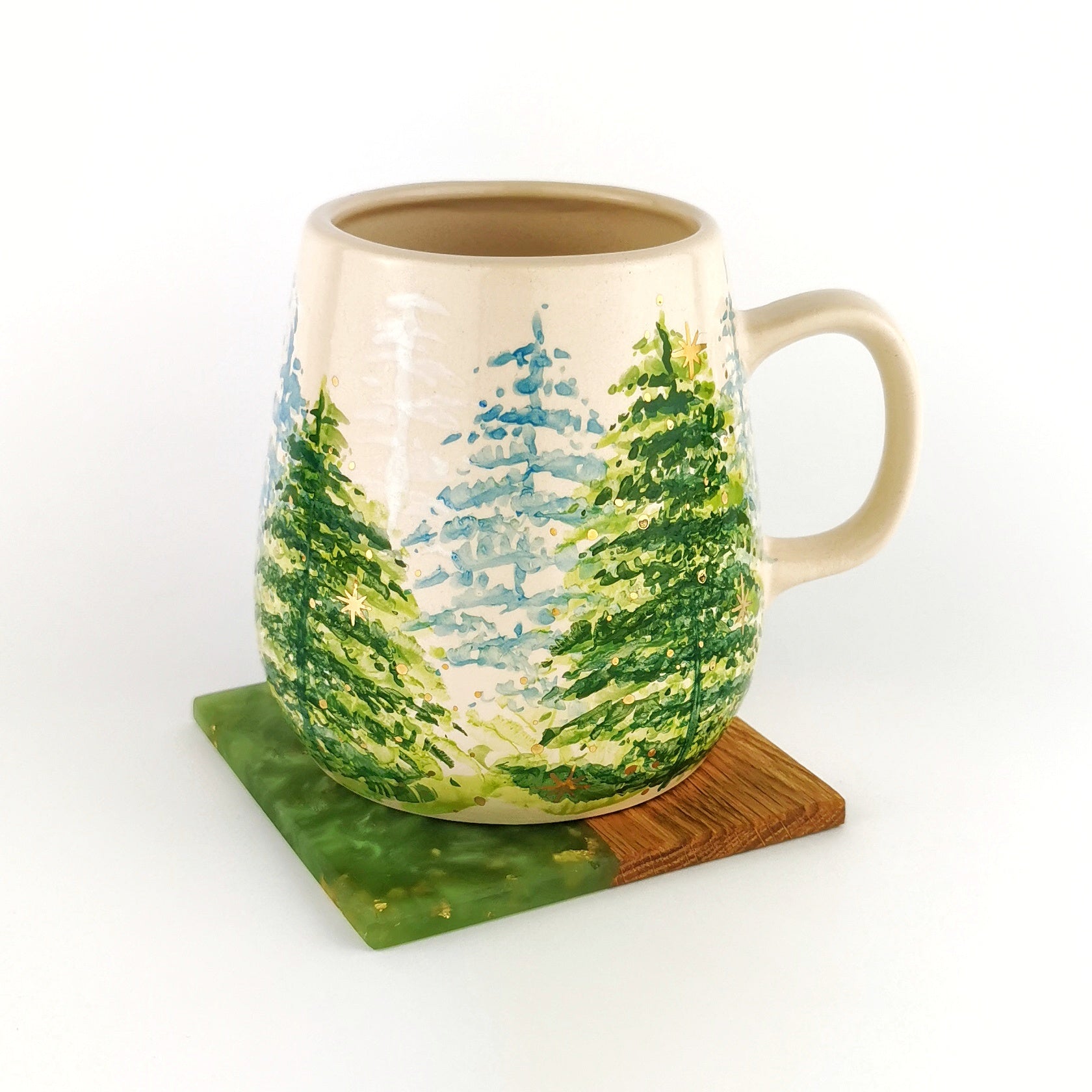Gold Christmas Trees Mugs With Coasters - Ceramic Connoisseur