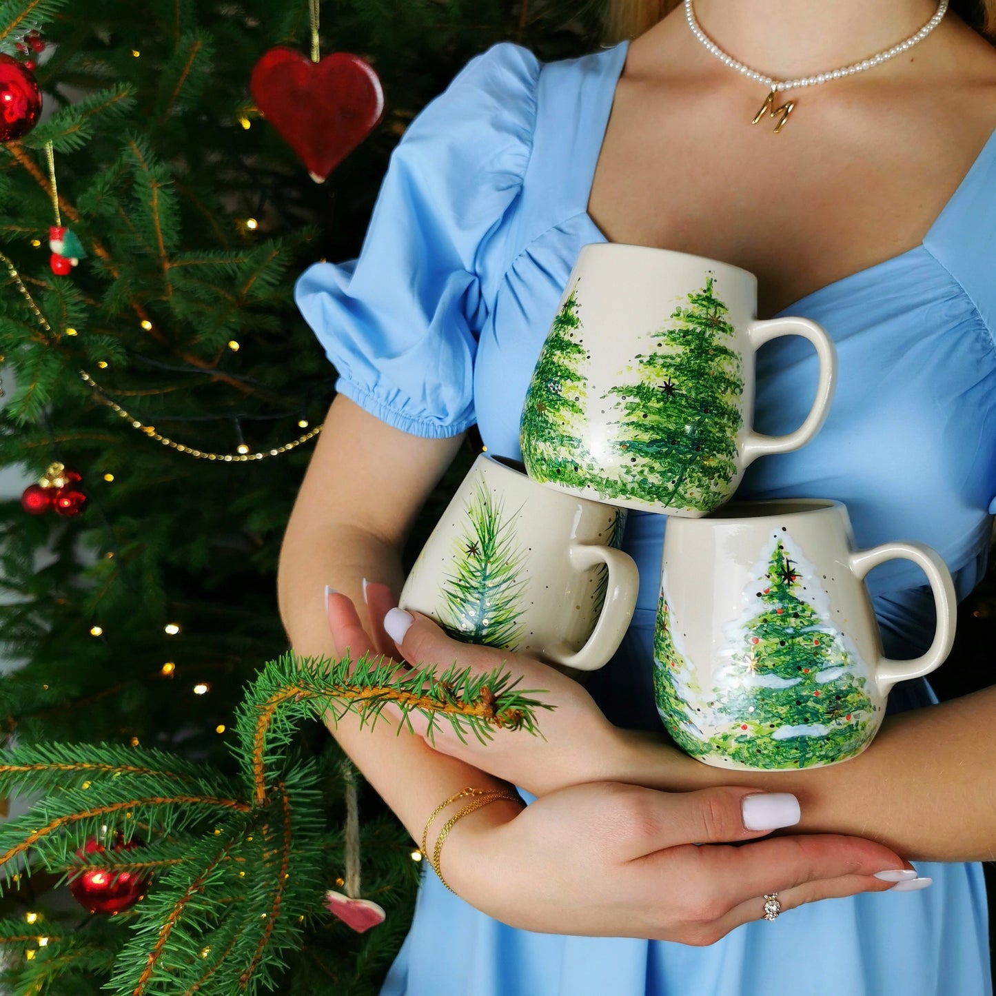 Gold Christmas Trees Mugs With Coasters - Ceramic Connoisseur