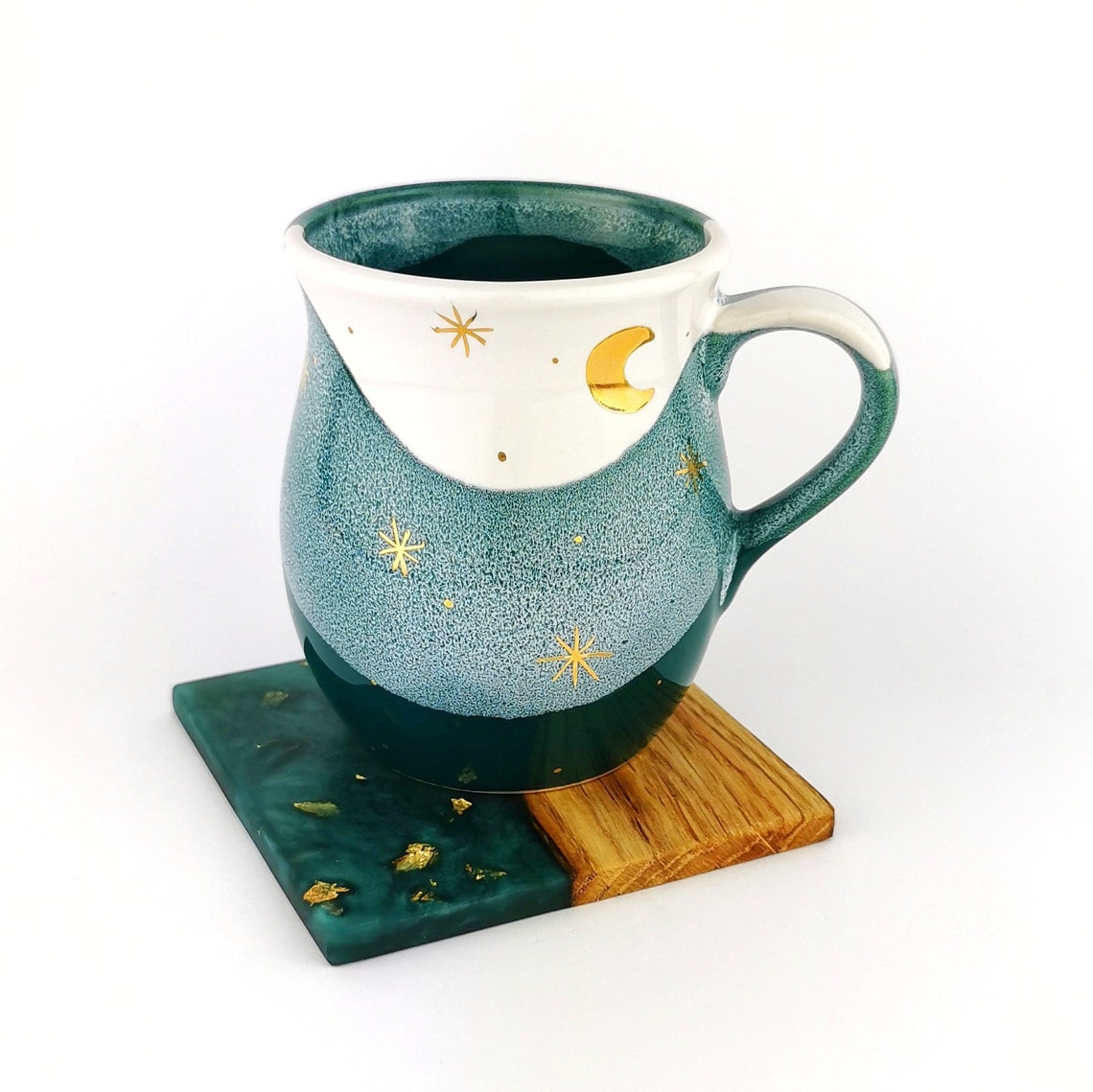 Gold Moon With Stars Belly Mugs With Coasters - Ceramic Connoisseur
