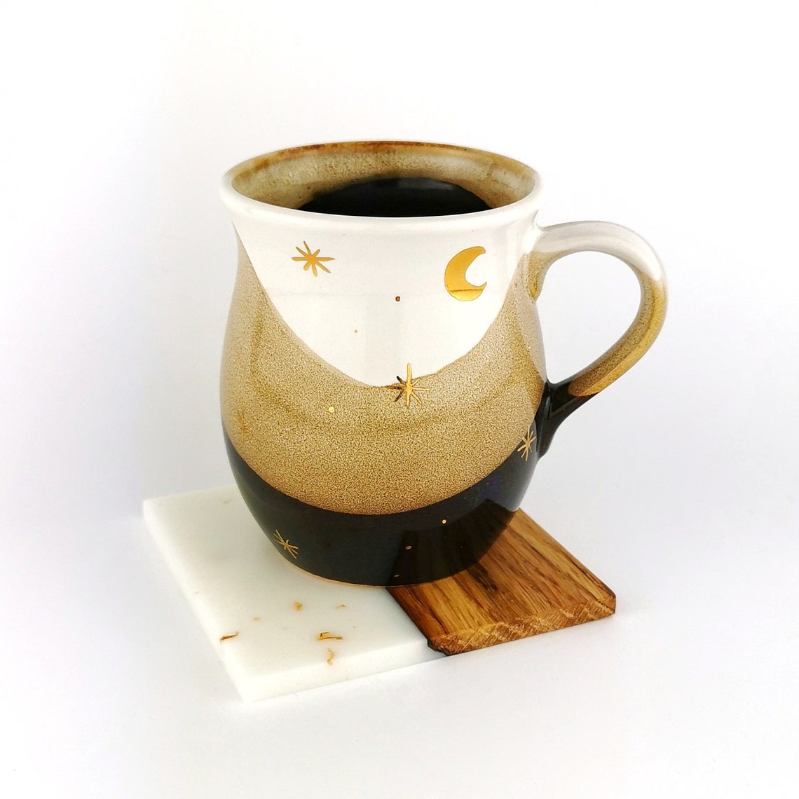 Gold Moon With Stars Belly Mugs With Coasters - Ceramic Connoisseur
