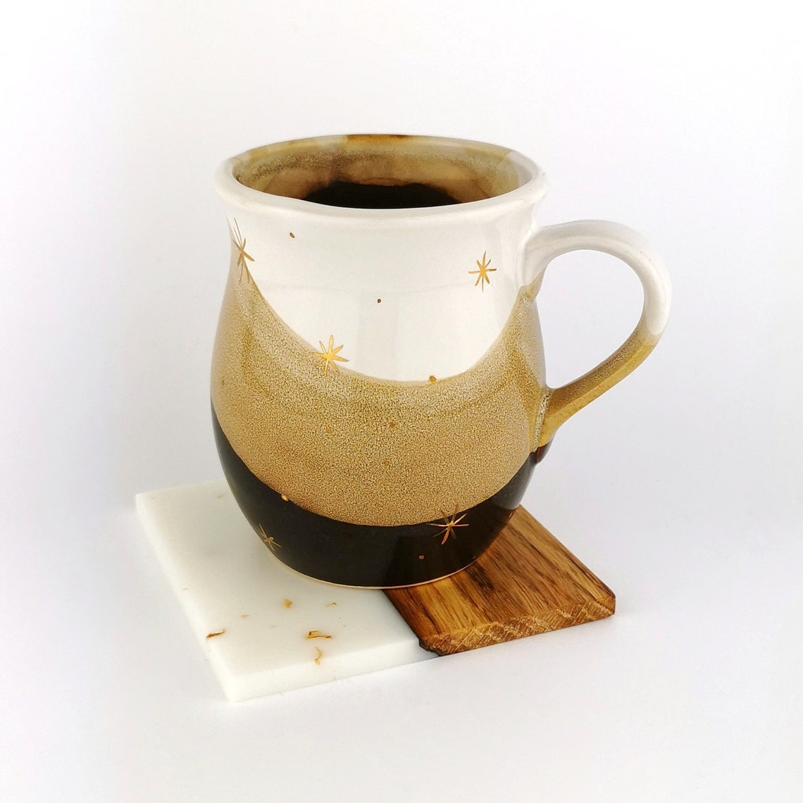 Gold Stars Belly Mugs With Coasters - Ceramic Connoisseur