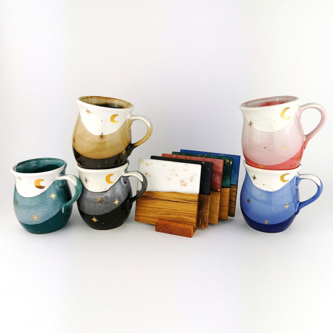 Gold Moon With Stars Belly Mugs With Coasters - Ceramic Connoisseur