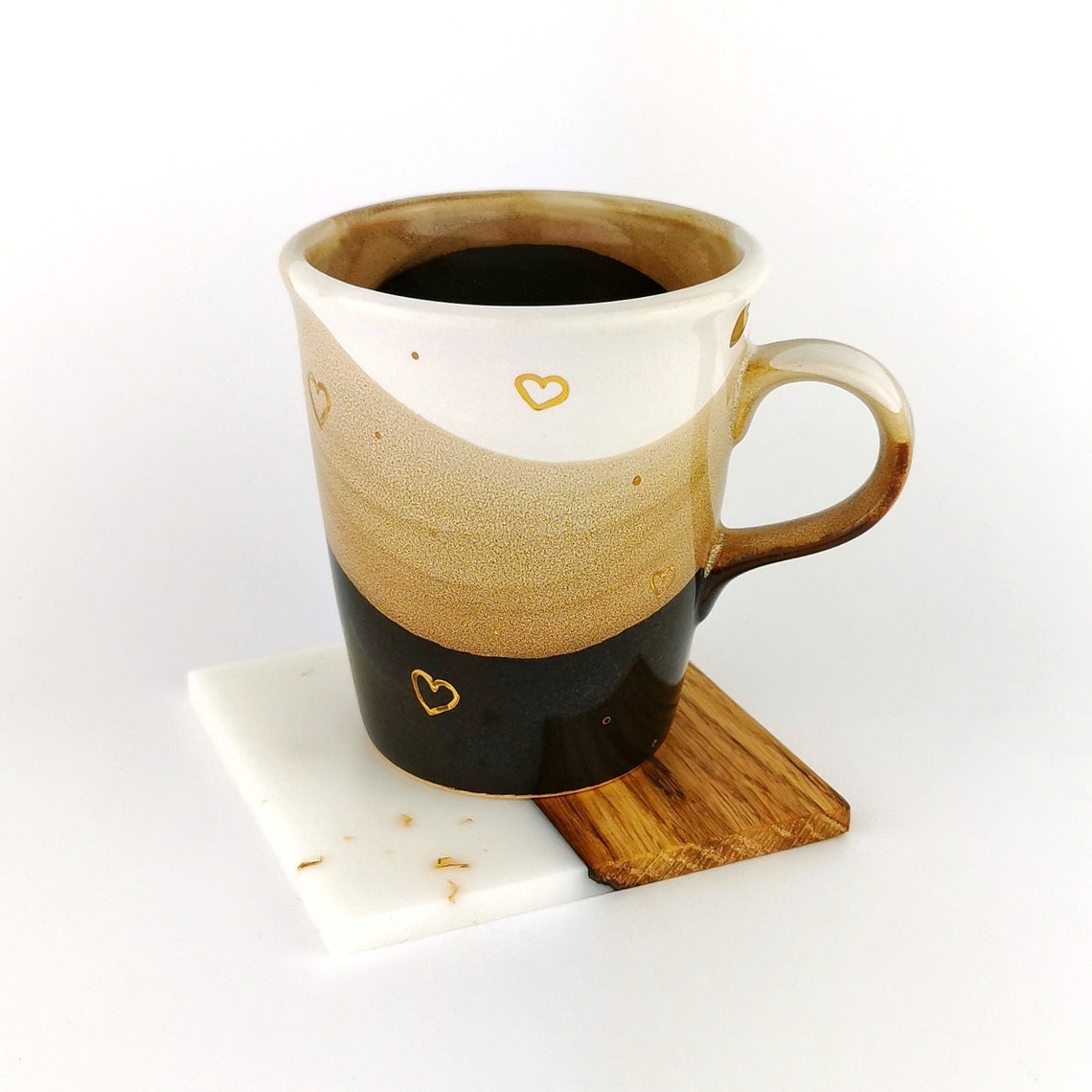 Gold Hearts Petite Mugs With Coasters - Ceramic Connoisseur