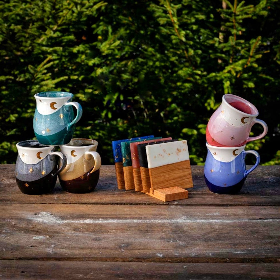 Gold Moon With Stars Belly Mugs With Coasters - Ceramic Connoisseur