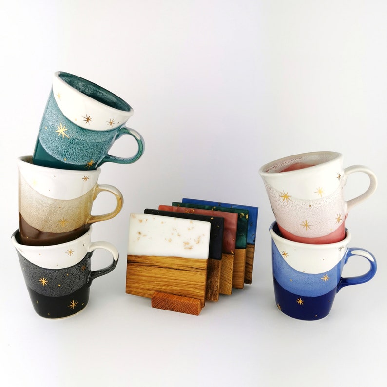Gold Stars Petite Mugs With Coasters - Ceramic Connoisseur