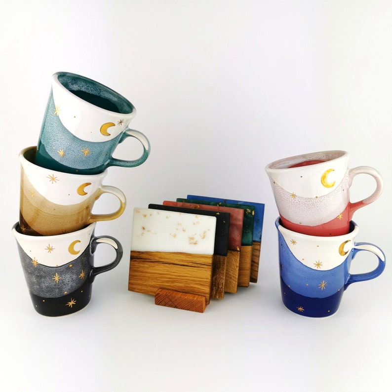Gold Moon With Stars Petite Mugs With Coasters - Ceramic Connoisseur