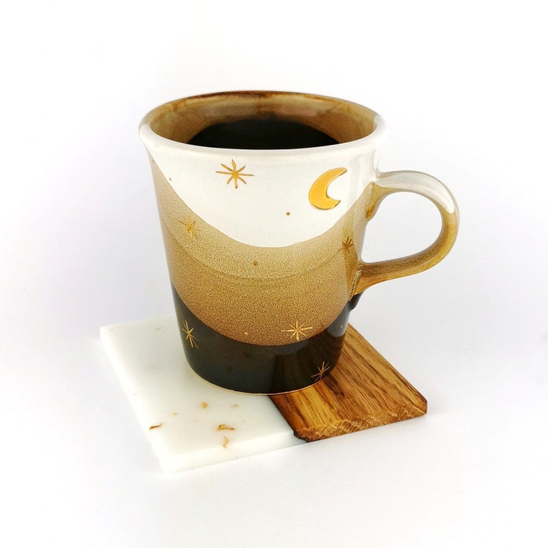 Gold Moon With Stars Petite Mugs With Coasters - Ceramic Connoisseur