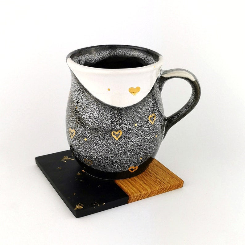 Gold Hearts Belly Mugs With Coasters - Ceramic Connoisseur
