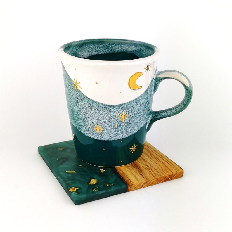 Gold Moon With Stars Petite Mugs With Coasters - Ceramic Connoisseur