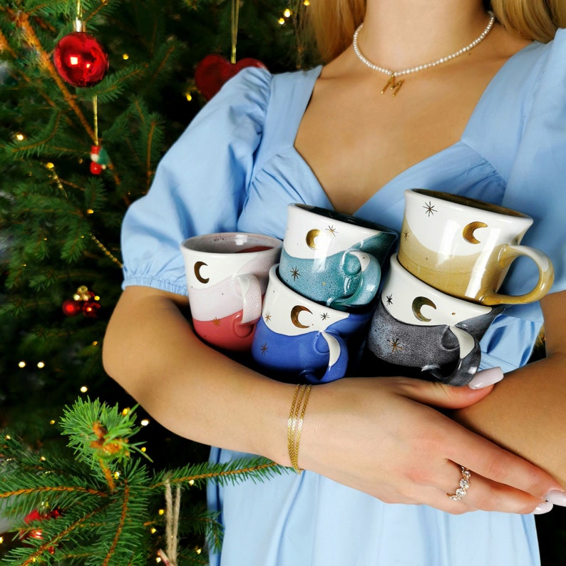 Gold Moon With Stars Petite Mugs With Coasters - Ceramic Connoisseur