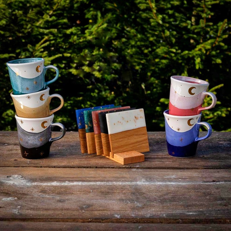Gold Moon With Stars Petite Mugs With Coasters - Ceramic Connoisseur