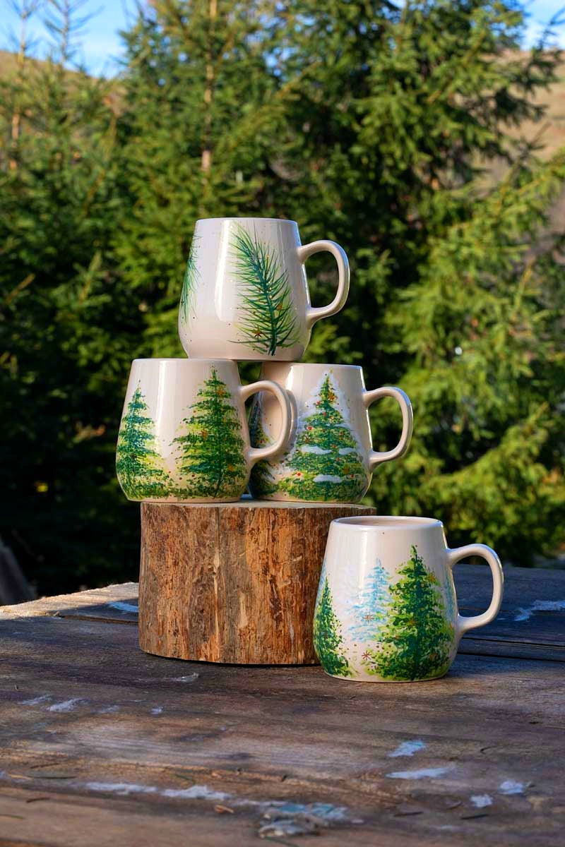 Gold Christmas Trees Mugs With Coasters - Ceramic Connoisseur