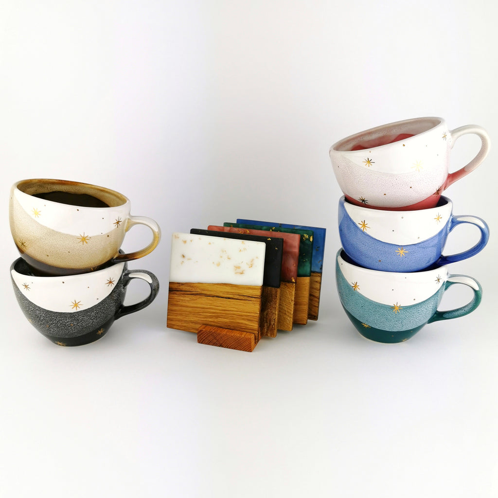 Gold Stars Cups With Coasters - Ceramic Connoisseur