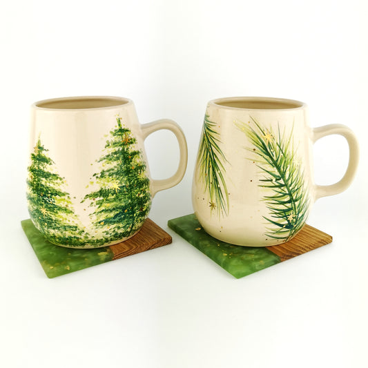 Gold Christmas Trees Mugs With Coasters - Ceramic Connoisseur
