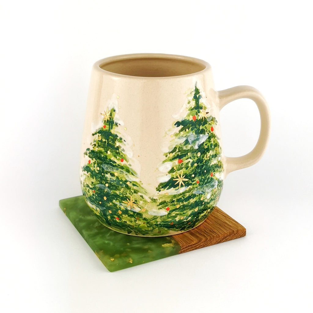 Gold Christmas Trees Mugs With Coasters - Ceramic Connoisseur