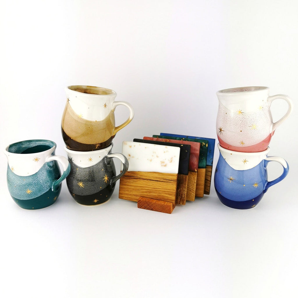 Gold Stars Belly Mugs With Coasters - Ceramic Connoisseur