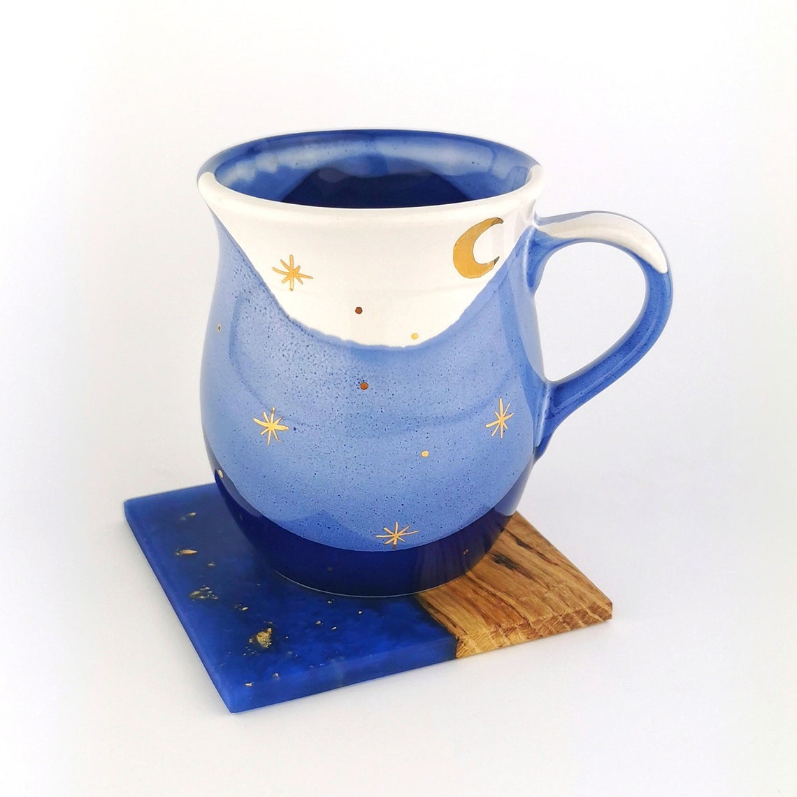 Gold Moon With Stars Belly Mugs With Coasters - Ceramic Connoisseur