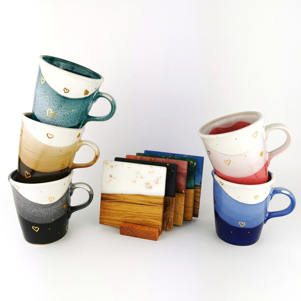 Gold Hearts Petite Mugs With Coasters - Ceramic Connoisseur