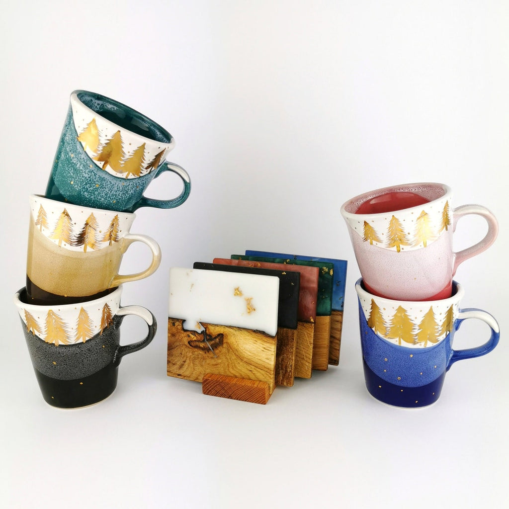Gold Forest Petite Mugs With Coasters - Ceramic Connoisseur
