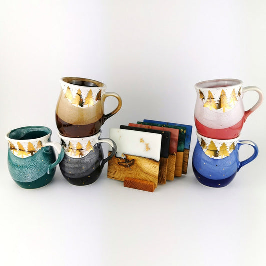 Gold Forest Belly Mugs With Coasters - Ceramic Connoisseur
