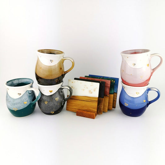 Gold Hearts Belly Mugs With Coasters - Ceramic Connoisseur