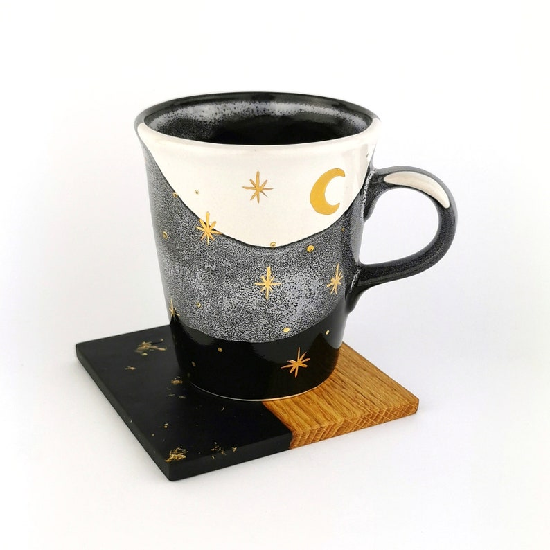 Gold Moon With Stars Petite Mugs With Coasters - Ceramic Connoisseur