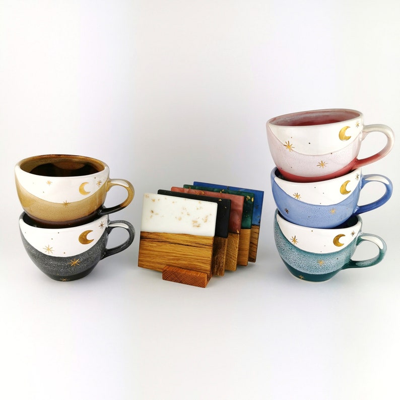 Gold Moon With Stars Cups With Coasters - Ceramic Connoisseur